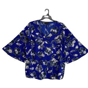 Lane Bryant Blouse Womens Size 18/20 Blue Black Floral 3/4 Wide Sleeves Silky